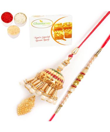 Ghasitaram Gifts Rakhis Online - Rakhi for Brother- Showers of Care pl7901 Bhaiya Bhabhi Rakhi with 400 GMS of Besan Barfi Rakhi Set with 400 gms of Besan Barfi