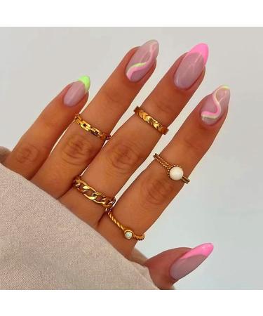 24Pcs Almond French Press on Nails Short Pink Swirl Oval Acrylic Nails Glossy Fake Nails Glue on Nails Cute False Nails with Designs Stick on Nails for Women