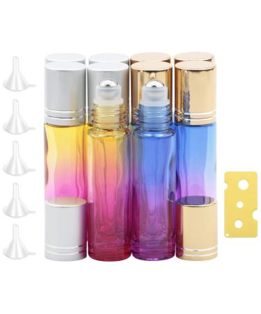 Rowiz 10PCS 10ml Gradient Color Glass Bottle Leakproof Glass Bottle Essential Oil Roller Bottles Set With Stainless Steel Balls And Gold or Silver Screwcap For Perfume & Aromatherapy Oils Blue-purple and Yellow-rose Red Gradient