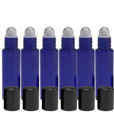 6 Pack - Roll on Glass Bottle - Blue 10ml 1/3oz Size for Essential Oil - Empty Aromatherapy Perfume Bottles - Cobalt Refillable Slim with Cap Blue