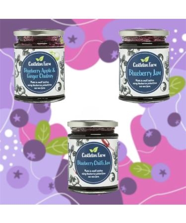 Castleton Farm Jam Chutney Pick N Mix - Choose From 3 Flavours | Blueberry Apple & Ginger Blueberry-Jam Blueberry Chilli-Jam - Pack of 3 X 180g