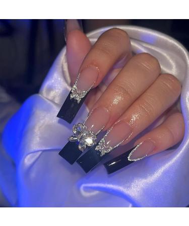 IMSOHOT Long Press on Nails - Square Black French Tips with Crystal Butterflies | 24pcs Glossy Acrylic False Nails for Women - Buy Online on GoSupps.com