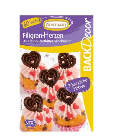 G nthart Backdecor |Decor filigree |Made of dark chocolate |With heart motifs |Suitable for your cakes and cupcakes |Different cardiac motifs filigree hearts