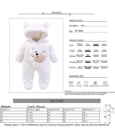 Puseky Newborn Baby Bear Snowsuit Winter Coat Hooded Romper | Unisex Fleece Jumpsuit 0-3 Months - White - Buy Online on GoSupps.com