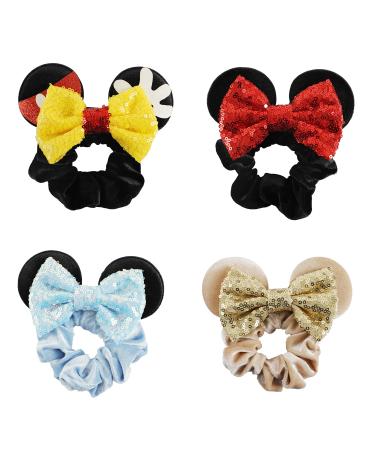 4 Pcs Minnie Mouse Ears Mickey Ears Velvet Scrunchies Sequin Bows Hair Bands Ponytail Hair Ties Hair Accessories for Women Girls Adult Kids Yellow Red Blue Ivory