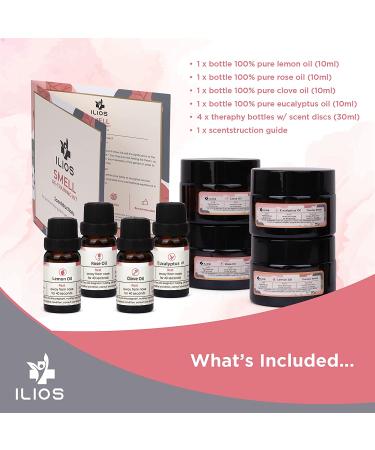 Ilios Olfactory Smell Training Kit - 4 Essential Oils for Loss of Senses - Lemon, Clove, Rose, Eucalyptus - Natural Aromatherapy Set with Accessories - Buy Online on GoSupps.com