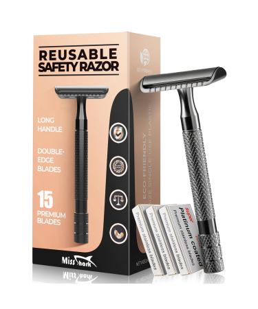 Safety Razor for Men with 15 Stainless Steel Double Edge Blades Long Handle Men s Single Blade Razors for Shaving Imported Upgraded Blades Reduce Razor Burns Black
