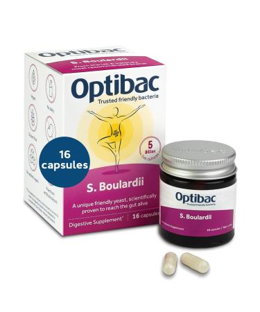 Optibac Probiotics Saccharomyces Boulardii - Vegan Scientifically Proven Digestive Probiotic Supplement 5 Billion CFU - 16 Capsules 16 Count (Pack of 1)