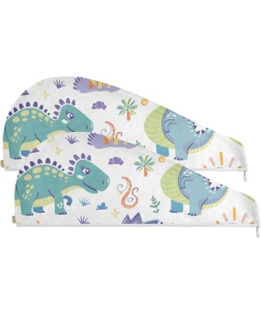 Cute Cartoon Dinosaurs Hair Towel 2 Pack | Super Absorbent Quick Dry Hair Turbans for Women & Girls - Buy Online on GoSupps.com