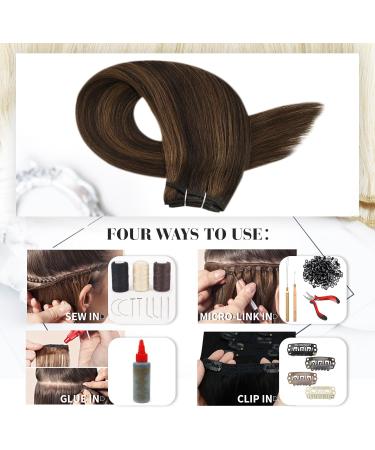 Moresoo 20 inch Brown Human Hair Extensions Weft Double Weft Real Hair Sew in Extensions 100g - Darkest Brown Highlighted with Chestnut Brown - Pack of 1 - Buy Online on GoSupps.com