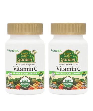 NaturesPlus Source of Life Garden Vitamin C - 60 Vegan Capsules Pack of 2 - Immune System Support - Certified Organic Non-GMO Gluten Free - 60 Total Servings