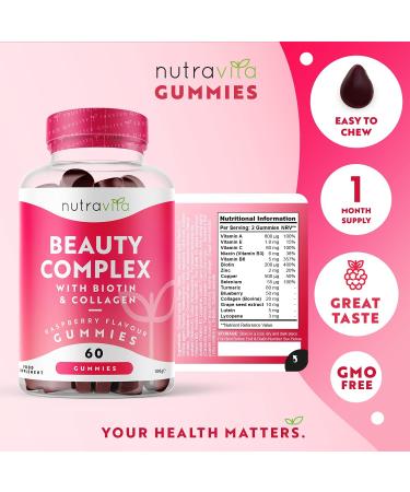 Nutravita Beauty Complex Gummies - Biotin & Collagen for Hair Skin & Nails - 60 Raspberry Flavour Gummies - Zinc, Selenium, Copper & More - Made in EU - Buy Online on GoSupps.com