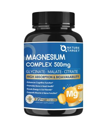 Magnesium Complex 500mg Magnesium Glycinate Malate & Citrate - High Absorption Chelated Triple Magnesium Supplement with Zinc Vitamin D3 for Muscle Nerve Bone & Immune Support Vegan 120 Capsules 120 Count (Pack of 1)