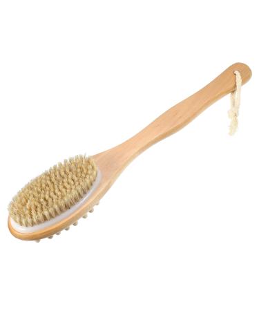 VOCOSTE 1 Pcs Double Sided Bath Brush  Back Scrubber Wood for Shower with Long Handle  Brown  14.6 Inches