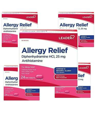 Leader Antihistamine Allergy Relief Diphenhydramine HCl 25mg Mini Tablets 24 Count Pack of 5
