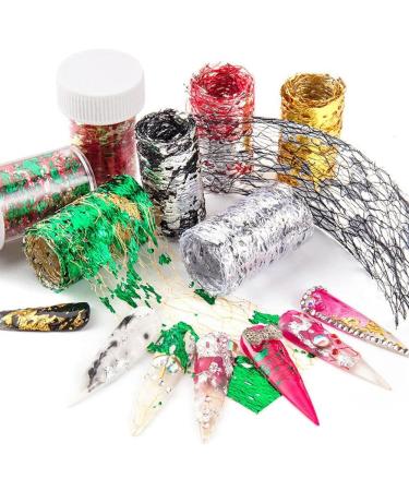 DIY Manicure Confetti Filling Sticker Nail Art Foils Gold Silver Foil Mesh Nail Foils 3D Gold Flakes(Red Foil Gold Mesh) - Buy Online on GoSupps.com
