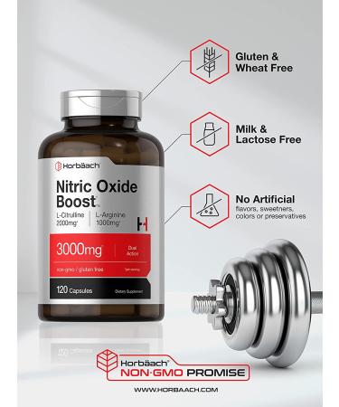 Nitric Oxide Booster 3000mg | 120 Capsules | L Arginine & L Citrulline Blend | Pre Workout Supplement for Men and Women | Non-GMO, Gluten Free | Horbaach - Buy Online on GoSupps.com