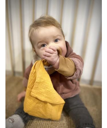Organic Cotton Security Blanket & Bunny Ears Teething Ring Set for Babies | 100% Muslin Fabric & Wooden Teether in Yellow - Buy Online on GoSupps.com