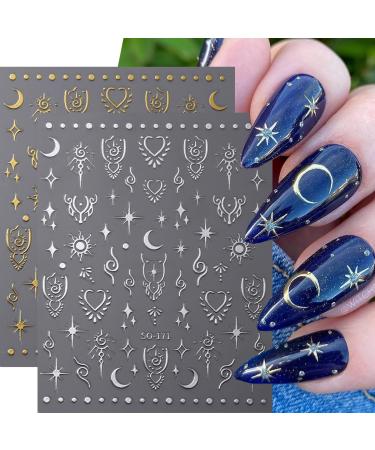 Moon Star Nail Stickers 8 Sheets Metallic 3D Self-Adhesive Nail Art Decals | Shiny Laser Stars & Moon Designs for DIY Nail Decorations - Buy Online on GoSupps.com