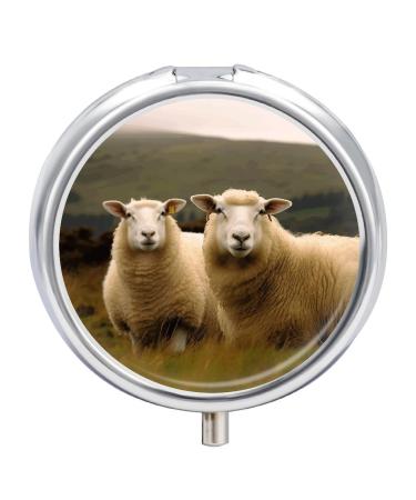 Pill Box Pill Case 3 Compartment Travel Pill Box Two White Sheep Printing Small Pill Box Portable Medicine Pill Case Pill Organizer for Purse & Pocket for Travel Handbag (Round)