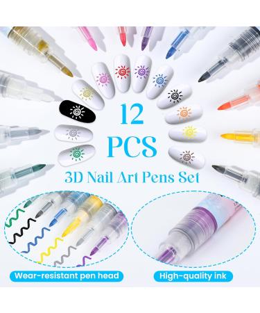 Greoer 12 Colors Nail Polish Pens Set 3D Nail Art Drawing Pen Nail Graffiti Dotting Pens Sets Nail Art Pens Drawing Painting Liner Brush for Nail DIY Decoration - Buy Online on GoSupps.com