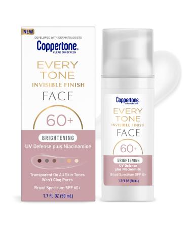 Coppertone Every Tone Invisible Finish Brightening UV Defense Face Sunscreen SPF 60+ with Niacinamide Lightweight Blends in Clear Sunscreen for All Skin Tones 1.7 Fl Oz Pump Bottle