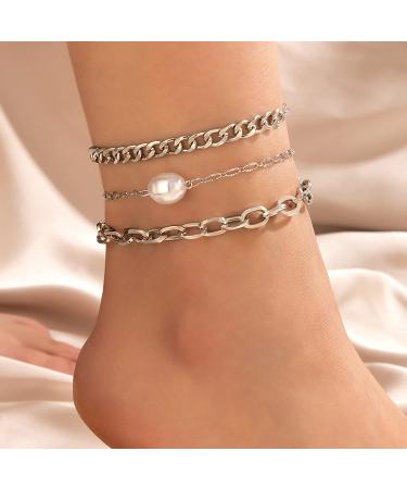 MUAYOUAUM Anklets A19 for Women Girls Link Chain Silver Simulated Pearl