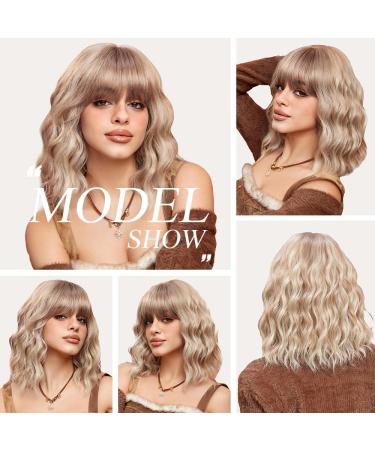OUFEI Mixed Bright Blonde Wigs for Women Short Wavy Wig With Bangs Natural Synthetic Hair Heat Resistant Wigs for Daily Party Cosplay Wear - Buy Online on GoSupps.com