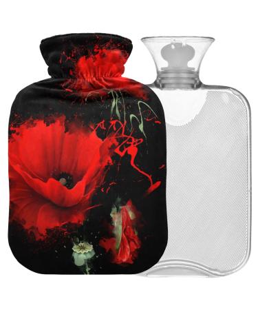 NAANLE hot water bottle with cover watercolor red poppy flower transparent hot water bottle 2 l large hot water bottle for menstrual cramps pain relief handfoots heat and cold therapy