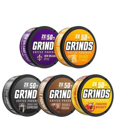 GRINDS Coffee Pouches 5-Pack | Double Mocha  Mint Choc  Double Shot Espresso  New Orleans  Orange Citrus | 2X Caffeine | Tobacco & Nicotine Free | 1 Pouch = 1/2 Cup Energy - Buy Online on GoSupps.com