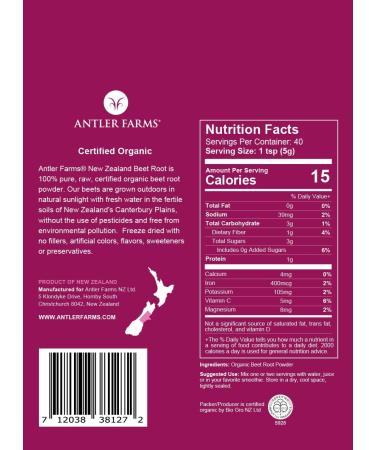 Antler Farms Organic New Zealand Beet Root Powder - 200g, 40 Servings | Raw, Vegan, Gluten Free | Natural Nitric Oxide Booster for Energy - Buy Online on GoSupps.com