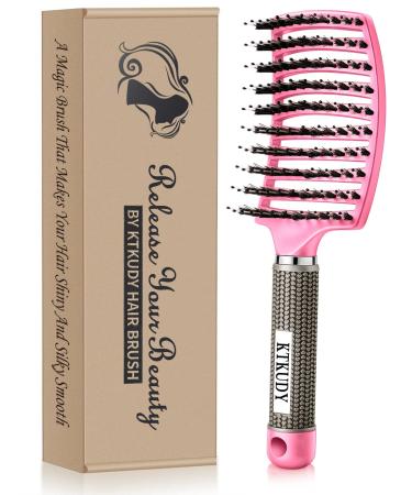 Detangling Brush Boar Bristles KTKUDY Voremy Magical Brush Detangler Curved and Vented Speed Dry Hair Brush for Women Men Kids Wet and Dry Hair (Pink)