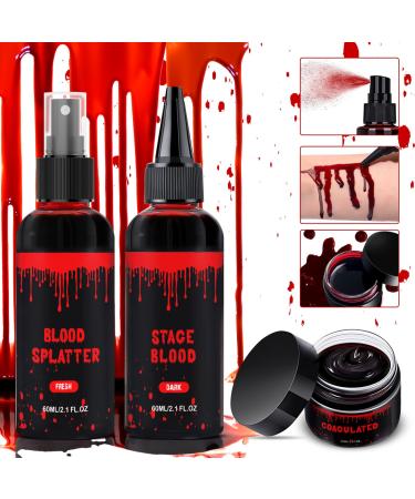 Halloween Fake Blood Makeup set Fake Blood Spray 2.1oz Dripping Blood 2.1oz Coagulated Blood 1.41oz Halloween SFX Makeup Kit Washable Fake Blood set for Cosplay Dress Up Clothes Vampire Zombie