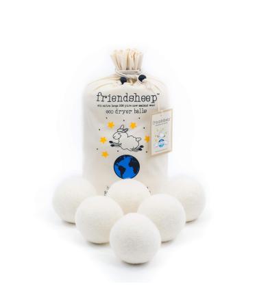 Wool Dryer Balls by Friendsheep 6 Pack XL Organic Premium Reusable Cruelty Free Handmade Fair Trade No Lint Fabric Softener White - "Creamy White"