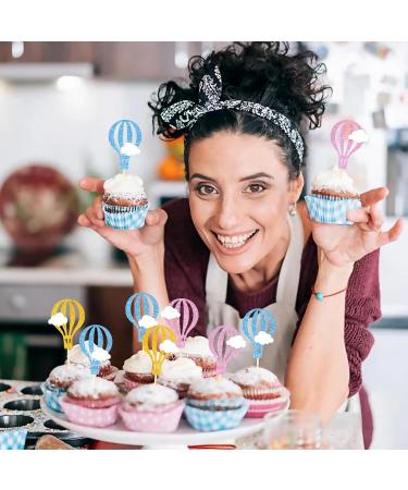 Honbay 24PCS Glitter Cupcake Toppers Creative Hot Air Balloon with Clouds Cake Toppers Fruit Dessert Picks Cake Decorations for Birthday Wedding Baby Shower Party (3 Color) - Buy Online on GoSupps.com