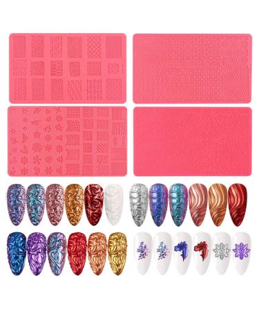 4pcs Mix Nail Art Silicone Printing Template Nail Mold 3D Soft Silicone Nail Carving Mold Sculpture Stamping Stencils 3D Relief Decorating Manicure Tool