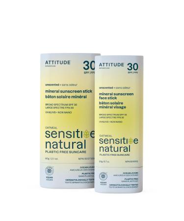 Bundle of ATTITUDE Mineral Sunscreen Face and Body Stick for Sensitive Skin SPF 30 EWG Verified Plastic-Free Broad Spectrum UVA/UVB Protection with Zinc Oxide Vegan Unscented