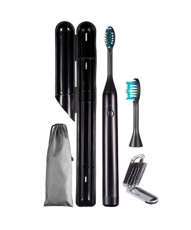 SOARING Portable Electric Toothbrush with Travel Case 2 Replaceable Brush Heads Folding Travel Hair Brush with Mirror for School Business Camping Purse Pocket(Black) Black 1 Count (Pack of 1)