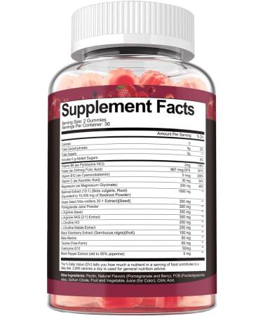 Beet Root Nitric Oxide Booster Gummies with L-Arginine, L-Citrulline, Grape Seed, Pomegranate for Man & Woman Pre Workout - Heart, Energy, Muscle & Circulation Support Vegan, NON-GMO, Sugar Free 60 Count (Pack of 1) - Buy Online on GoSupps.com