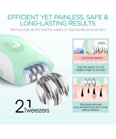 VOGOE 4-in-1 Rechargeable Epilator for Women - Cordless Hair Removal with 2 Speeds and 21 Tweezers - Ideal for Face, Legs, Arms, Armpit, and Bikini Area - Green - Buy Online on GoSupps.com