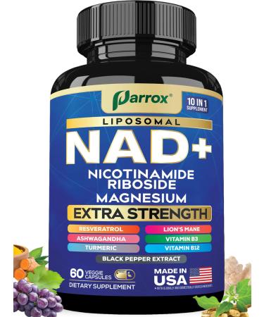 NAD+ Supplement with Liposomal NAD+ Nicotinamide Riboside Magnesium Vitamin B3 & B12 Resveratrol Turmeric Ashwagandha Lion s Mane 10-in-1 Extra Strength 60 Count (Pack of 1)