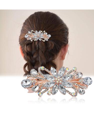 Flower Hair Clips Vintage Flower Hair Barrette Clips Bridal Wedding Hair Pins Sparkly Rhinestone Hair Clips Metal Spring Hair Barrette Clips for Women and Girls (White)