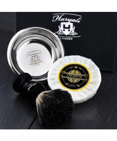 Haryali London 4 Pc Black Mens Shaving Kit 3 Edge Razor with Black Badger Hair Shaving Brush Bowl Soap Perfect Set for Men - Buy Online on GoSupps.com