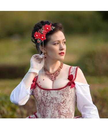 Beaupretty Bridal Tassel Hairpins | Flower Pearl Rhinestone Chinese Style Hair Clip | Wedding Hair Accessories - Red - Buy Online on GoSupps.com