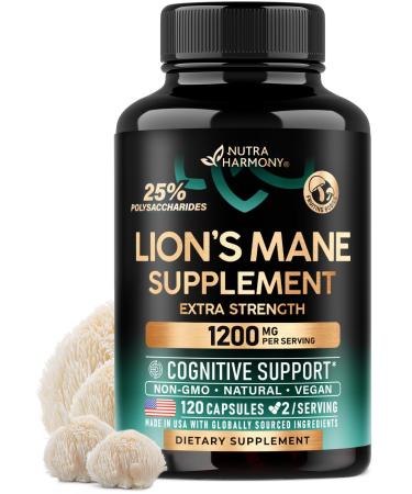Lions Mane Supplement Capsules - Organic Lions Mane - Made in USA - Fruiting Bodies Extract - 1200 mg 25% Polysaccharides - Memory & Focus Support - As Lions Powder - 120 Capsules 2 Month Supply 120 Count (Pack of 1)
