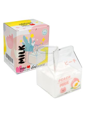 Kawaii Glass Milk Carton Cup Clear Cute Milk Cup Mini Creamer Pitcher Container Microwavable 12 Oz, 1Pcs(Peach)