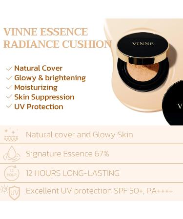 VINNE Cushion Foundation SPF50 Sun Protection Cream - Dewy Finish, Natural Coverage, 12-Hour Long Lasting Korean Makeup - 23 Natural Shade - Buy Online on GoSupps.com