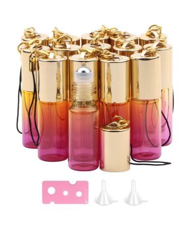 Rowiz 15PCS 5ml Yellow-Rose Red Gradient Color Glass Roll on Bottles UV Protection Empty Sample Vial Essential Oil Glass Bottles with Stainless Steel Roller Balls and Golden Screwcap with Buckle