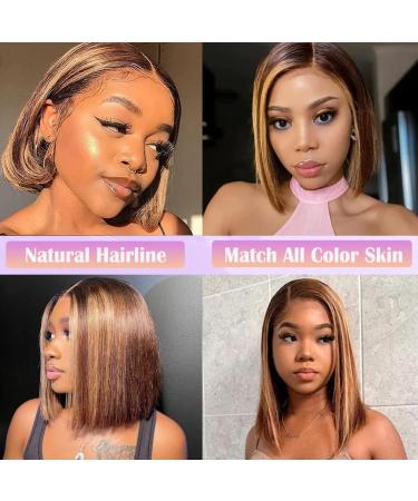 Ombre Bob Wig Human Hair 12 Inch HD Lace Front 4/27 Highlight Glueless Pre Plucked 150 Density Short Honey Blonde Bob Wig with Baby Hair for Black Women - Buy Online on GoSupps.com