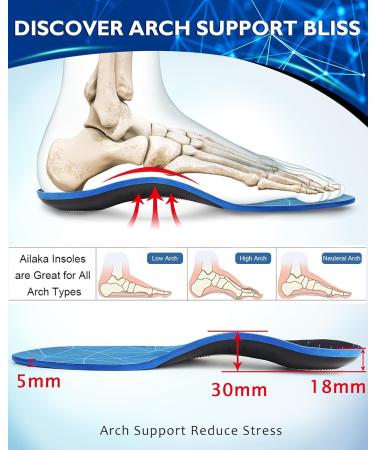 Ailaka Comfort Insoles for Flat Feet & Plantar Fasciitis | Shock Absorption Orthotic Inserts for Men & Women | All-Day Support for Sports - Size 10.5-12.5 M Women/9-11 M Men - Buy Online on GoSupps.com